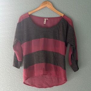 Hang Ten Red and Gray Striped Blouse with Rounded Neckline and 3/4 Sleeves
